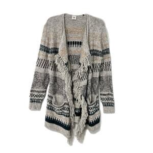 CABI Shetland Gray Green Geometric Fringe Open Knit Cardigan size Small Pockets